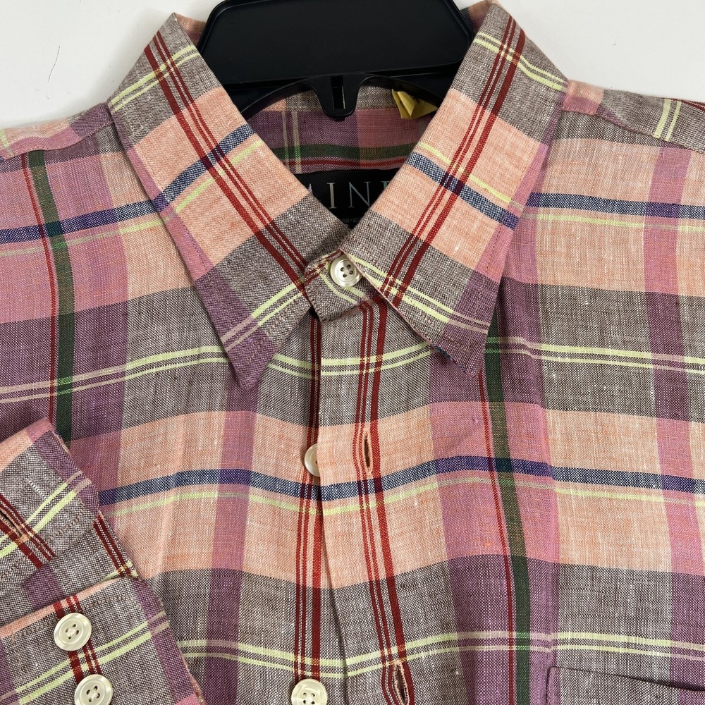 MINE Shirt Mens Medium Multicolor Plaid 100%‎ Linen Long Sleeve Button Up Casual